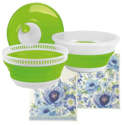 Camtiac Springtime Blues Lot de 2 essoreuses à salade pliables pour le camping Vert citron/blanc Avec torchon