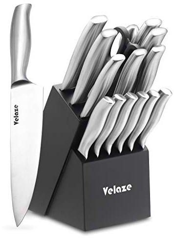 Velaze 16-teiliges Edelstahl-Messerset | Inkl. Hartholz-Messerblock & Wetzstahl | Für Profi-Küche & Haushalt