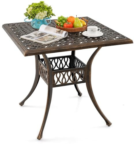 COSTWAY Mesa Jardin Exterior 80x75 cm, Agujero de Sombrillas, Mesa Cuadrada Terraza, Aluminio Fundido, Balcon Jardin Terraza Exterior, Carga 75kg, Negro y Bronce (Cuadrada)