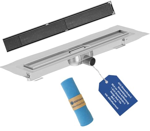 BADfabrik24 Duschrinne Komplettset 88,5 cm – Edelstahl Schwarz, Rinnenkörper ohne Aufkantung, Einbauhöhe 8–12,8 cm, kompatibel mit ShowerDrain C, Design-Rost Square/Tile, inkl. Mikrofasertuch