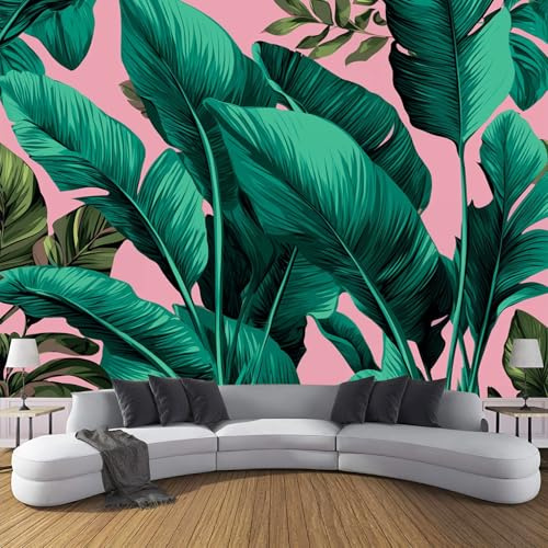 JSCWDET Papier Peint Thème De Plantes Tropicales Soie, Turquoise Poster Geant Mural 3D Pour Salon Chambre Décoration Murale,Illustration De Feuilles De Bananier,450×315 Cm (W×H)