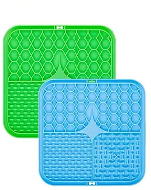 BleshiFashi 2 Pack Anti-Slip Licking Mat, Pet Food Mat Waterproof Puppy Feeding Mat, Slow Feeder Dog/Cat Bowl, Cat Licking Mat to Relieve Anxiety with Raised Edges (Blue+Green)（6×6）