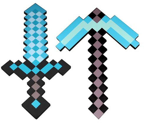 Pickaxe and Sword Toys, Foam Sword for Game Role-Play, Diamond Sword Foam Weapon Toy Gifts for Birthdays Children's Day Halloween for Video Game Fans(2 Pack) (Blue)