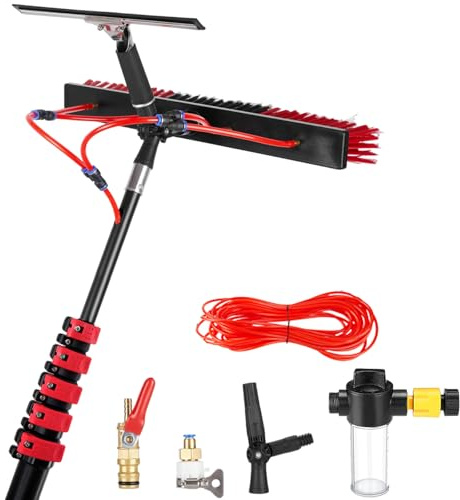 Brosse télescopique alimentée à l'eau 3,6 à 10,8 m pour nettoyage de toit, panneau solaire et fenêtre – Kit complet avec raclette, distributeur de savon pour camions, bateaux, bus, voitures (brosse de