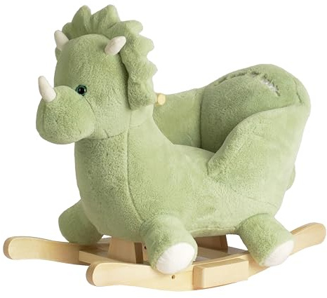 Cheval à Bascule Dinosaure Triceratops en Peluche Verte, Socle en Bois, Jouet pour Bébé