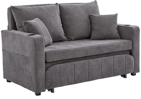 HAINEW 2-sitsig bäddsoffa med sovfunktion, utdragbar bäddsoffa med mugghållare och sidofickor, hopfällbar soffa, sovfåtölj för vardagsrum, sovrum, 139 x 73 x 83 cm (grå)