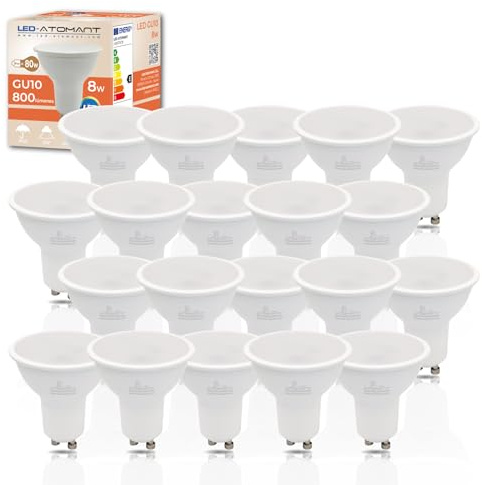 LED ATOMANT Pack 20x Bombilla LED GU10 8W, Color Blanco Neutro (4500K), 800 Lumenes, Equivalente a 80W tradicional