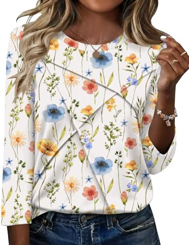 Kistore Womens 3/4 Sleeve Tops Ladies Tops Tunic Shirts L Green Floral
