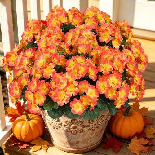 AmberFun Artificial Fall Flowers for Outdoors, 6 Bundles Realistic Silk Fake Geraniums, No Fade Autumn Faux Plants for Hanging Baskets, Window Boxes, Planters - Porch, Patio, Garden Decor(Sunset)