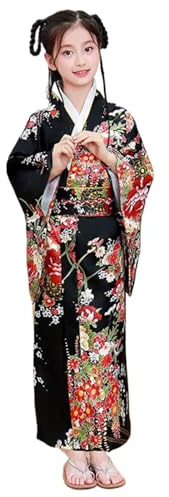 Suxdlan Kimono pour enfants pour filles, costume de Geisha en soie imprimé floral avec nœud au dos, Yukata pour cosplay et Halloween (taille 150)
