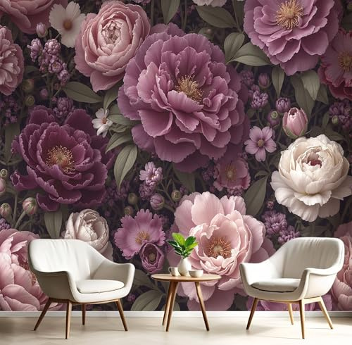 Fototapete Retro-Stil 200x140cm Seide Tapeten XXL Moderne Pfingstrosen Und Rosen Wandtapete Hochwertige Wandbild Wanddeko mit feiner Struktur für Schlafzimmer Wohnzimmer Flur, Lila