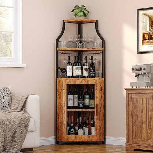 4-Tier Corner Bar Cabinet, Industrial Freestanding Wine Storage Sideboard with Doors and Glass Holders, Adjustable Shelf & Anti-Tipping Devices, for Home Bar, Kitchen, Living Room, Rustic Brown