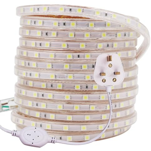 GQL 15m LED Strips Lights White, 220V- 240V Ribbon SMD 5050 60leds/m Rope Lighting, IP65 Waterproof, No Self Adhesive, DIY Home Kitchen Bar Decking Holiday Christmas Indoor Decoration
