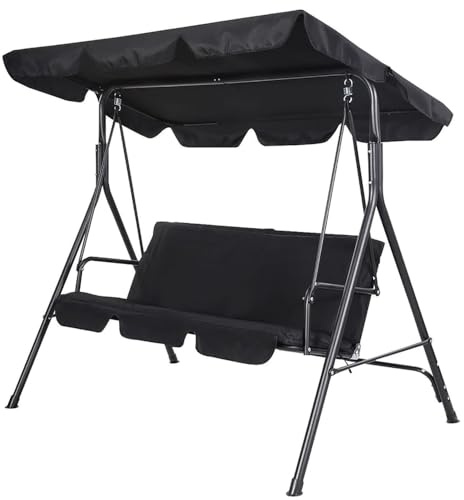 3 Seater Garden Swing Chair - Black Seat Hammock Swinging Metal Terrace Shade Sun Protection Canopy Bench | Thick Padded Cushion | Waterproof Outdoor Garden | Adjustable Canopy