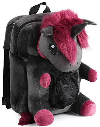 corimori Punk-Einhorn „Ruby“ - großer, flauschiger Plüsch-Rucksack für Teenager und Erwachsene - dunkelgrau/pink
