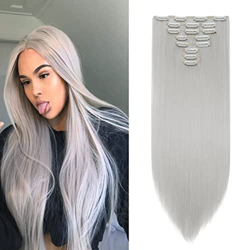 Cybelleza Clip in Extensions Haarverlängerung Glatt Lang 70cm 8 Teile | Hair Extensions Clip in Haarteil Kunsthaare Synthetische Haarextension Voluminös Natürlich Haarverdichtung, Hellgrau