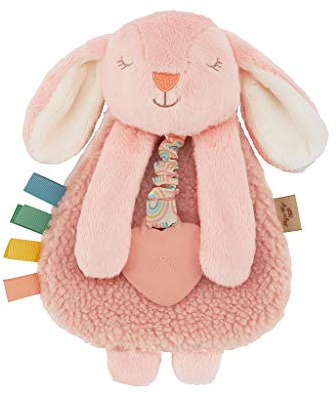 Itzy Ritzy - Itzy Lovey Including Teether - Baby Lovey with Teether, Textured Ribbons & Dangle Arms - Features Crinkle Sound, Sherpa Fabric and Minky Plush (Pink Bunny)