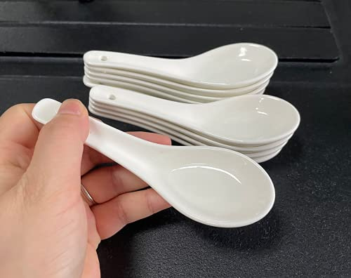 10 Pack White Ceramic Soup Spoons,Wonton Soup Spoons,Asian Spoon Set,5inch Kid Small Side Dish Tasting Spoon,Stackable Ramekins Can Stand,Deep Oval Design