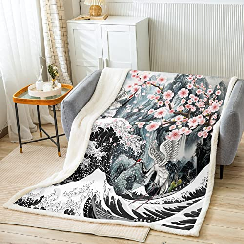 Loussiesd Decke 150x200cm Kuscheldecke im japanischen Stil für Kinder Jungen Mädchen Kirschblüten Wohndecke Exotischer Stil Wellenmuster Atmungsaktiv Flanell Fleecedecke Zimmer Dekor