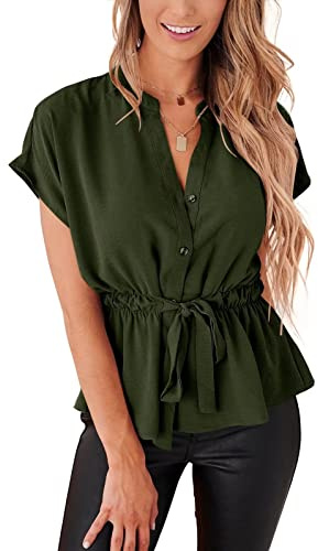 CiCiBird Womens Button Down Blouses Casual Peplum Summer Tops Dressy Chiffon Work Blouse Army Green L