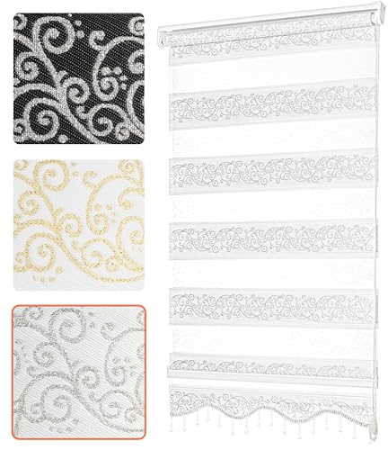 Bailena® Doppelrollo Klemmfix ohne Bohren - 4in1 Duo Rollo mit Muster Weiß Silber Glitzernd 100x200cm - Ranken & Blumen Motiv Doppelrollo mit Perlen - Gardinen Rollos für Fenster & Tür