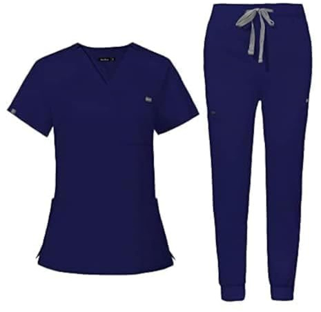 Niaahinn Women's Scrubs Top with Classic V-Neck & Yoga Jogger Pants Medical Nursing Uniform Scrub Set (Navy Blue, XL)