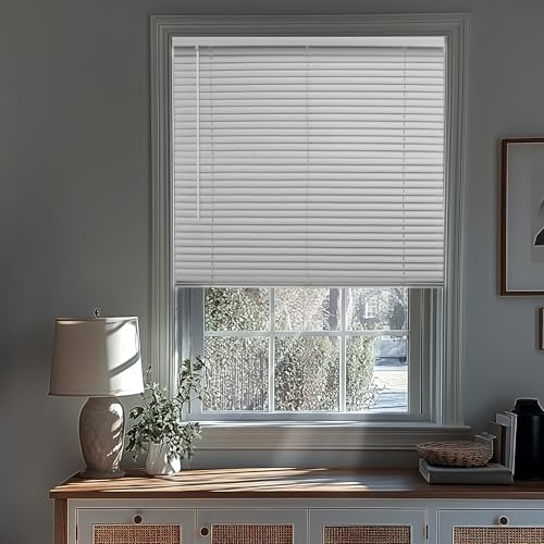 CHICOLOGY Cordless Mini Blinds, 1 Inch Vinyl Window Blinds, Room Darkening & Privacy, Easy Install with Adhesive Brackets, Child Safe, for Windows, Doors & Campers, Midnight White,24 W x 36 H