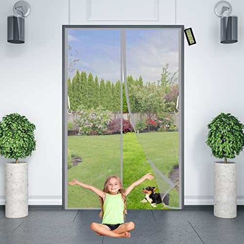 Magnetic Closure Screen Door - Insect Fly Screen Door Mesh Grey 140x230cm Hands Free Mesh Partition,Keeps Bugs Out for Balcony Living Room Patio - Unique Hook Design