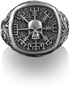 Bysilverstone Schmuck – Vegvisir Der Wikinger-Kompass Mit Totenkopf, Schmuck Aus Der Nordischen Mythologie, Quadratischer Siegelring Aus Sterlingsilber, Ringe Für Den Kleinen Finger Für Frauen, Ringe
