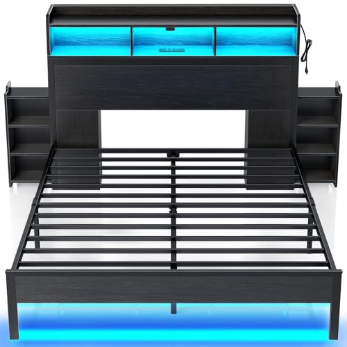 Rolanstar Full Size Bed Frame with Bookcase Storage Headboard, Slide Out Bedside Storage, Bed with Charging Station & LED Lights, Heavy Duty Metal Slats, No Box Spring Needed, Noise Free, Black