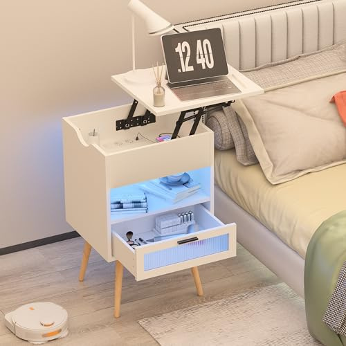 JoliJour Nachtkasten mit Anhebbarer Arbeitsplatte und LED-Licht - Nachttisch mit 2 Ausgängen, 2 USB-Anschlüssen und Schubladen - 45*39*70-87CM, Weiß
