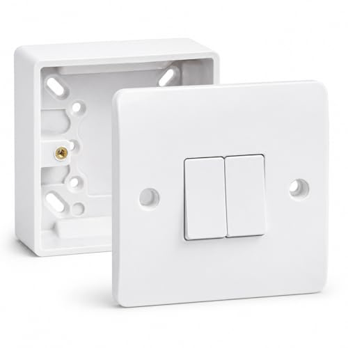 SHPELEC White Round Edge 2 Gang 10A 2 Way Light Switch with 25mm Surface Mount Pattress Box, Surface Mounted Wall Switch for Home Office Renovations