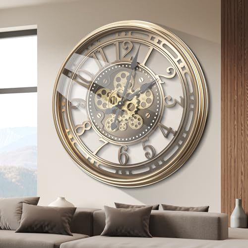 Tottshak Large Modern Moving Gear Wall Clock for Living Room Kitcen Decor | Farmhouse Industrial Steampunk Metal Decorative Clock for Wall Art Home Office (Bronze/Vintage Gold-Arabic, 21 Inch/53.5 cm)