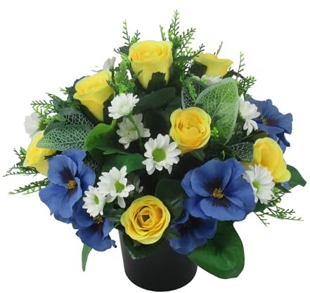 Artificial Grave Flower Arrangement in Pot with Yellow Roses, Blue Pansies and Daisies - Long Lasting Outdoor Ornament for Spring Summer - Faux Memorial Bouquet for Graveside Cemetary Crematorium