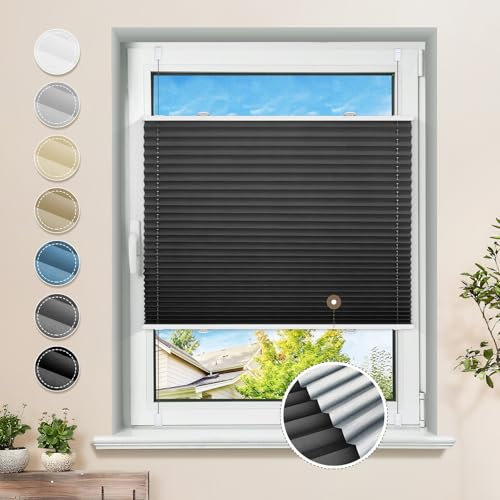 Plissee ohne Bohren Verdunkelung Klemmfix Schwarz 75x130cm Thermo Plissees 100% Verdunklung Rollos für Fenster & Tür Verdunklungsplissee ohne Bohren Sichtschutz und Sonnenschutz