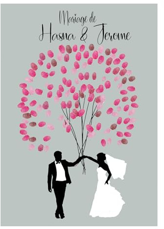 H&J créations Arbre à empreintes mariage noir et blanc – Affiche couple bouquet empreinte digitale – Livre d’or original personnalisable – Cadeau mariés Made in France