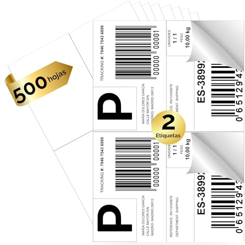 MARCPRINT 210 x 297 mm Papel Pegatina para Imprimir A4 Hojas - Papel Adhesivo para Imprimir Etiqueta por Hoja (500 hojas, 2 etiquetas/hoja)