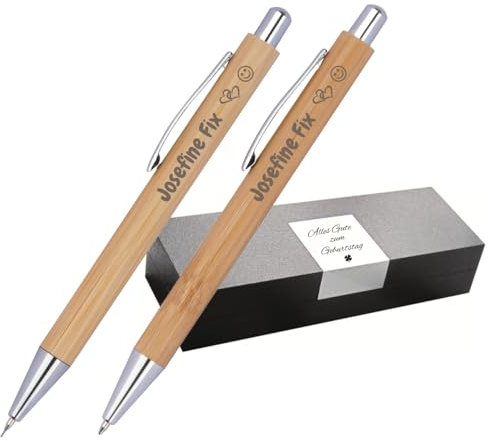 Schmalz® Schreibset aus Bambus mit Box Kugelschreiber und Druckbleistift mit Gravur | Großraummine | einzigartige Stifte mit Namen personalisierte Geschenke | mit Wunschgravur