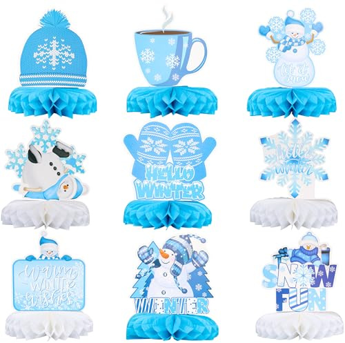 Gyufise 9 x Winter-Tisch-Wabenaufsätze, Schneeflocken, Waben, Party-Dekorationen, Winterparty, Tafelaufsätze für Winterthema, Weihnachten, Geburtstag, Babyparty, Partyzubehör, Blau