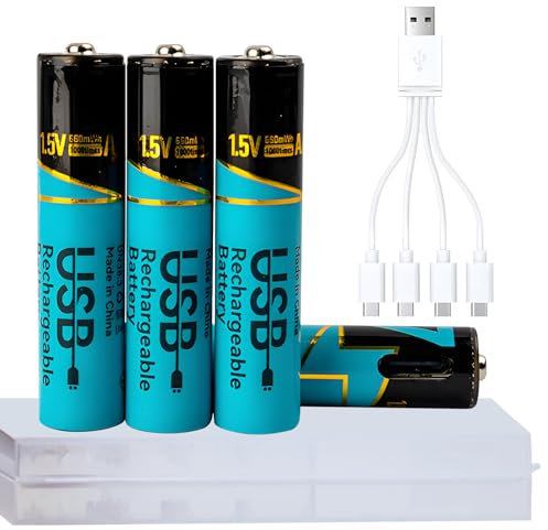 Tosiicop AAA Rechargeable Lithium Batteries - 4 Pack USB-C Rechargable Li-Ion Battery 1.5V AA 660mwh with 4 in 1 USB to Type-C Charger Fast Charging Cable High Output (AAA Battery 660Mwh)
