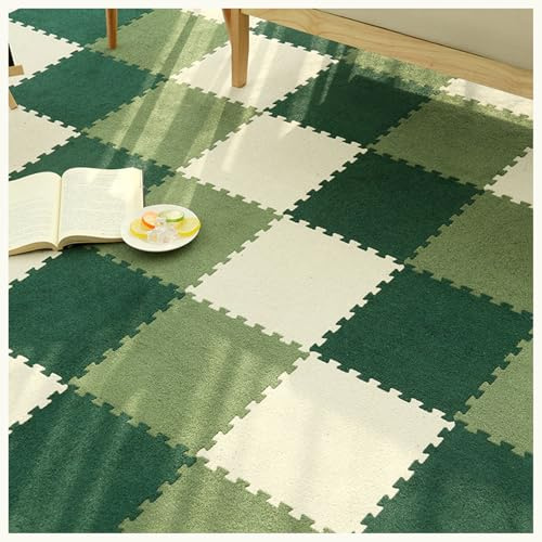 Interlocking Carpet Tiles,10pcs 30x30cm Short Plush Puzzle Carpet Squares,Foam Floor Mats With Border,Fluffy Rug Tiles,Play Mat For Home Living Room(Size:0.6cm,Color:Light green + dark green + white)