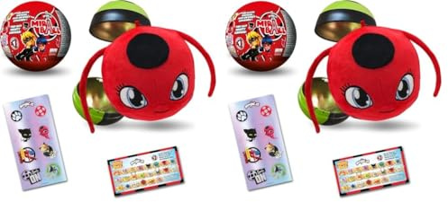 Miraculous Ladybug, 4-1 Überraschungs-Miraball, Spielzeug für Kinder mit Sammelfigur, Metallball, Kwami-Plüsch, glitzernden Aufklebern und weißem Band (Wyncor), 1 Stück (Packung mit 2)