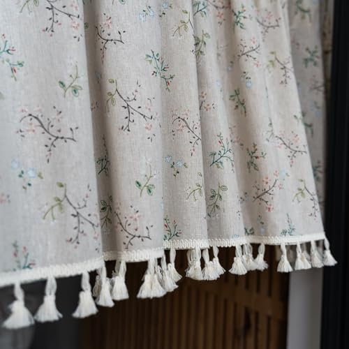 Tolldek 60 x 90 cm Visillo semitransparente beis, 1 pieza flores con borla, visillos y puertas cortas, ganchos modernos, algodón y lino, cortinas de tul semitransparentes para baño