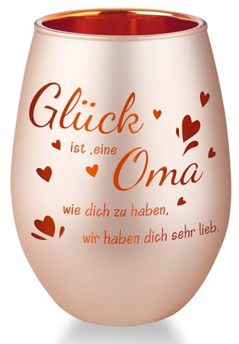 Belillpipi Geschenk für Oma, Windlicht aus Glas, Windlicht in Roségold mit Geschenkbox, Teelichthalter mit Gravur für Oma, Geschenk zum Geburtstag, Muttertag, Dankeschön für Großmutter