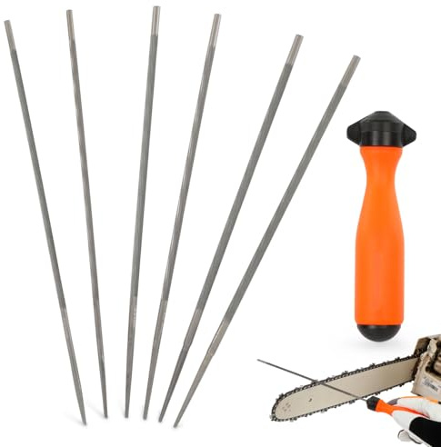 Kettensägenfeile, Kettensäge Schärfen - 6 Rundfeilen für Sägeketten (4,0 mm/4,8 mm/5,5 mm je 2 Stück) mit 1 austauschbarem Griff, universelles Schärfset für Kettensägen