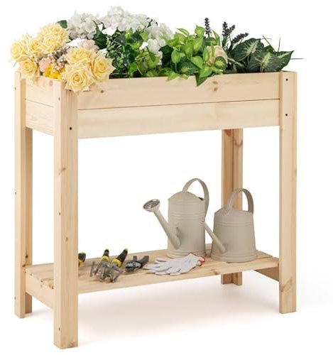 COSTWAY Huerto Urbano de Madera con Patas, Mesa de Cultivo, Jardinera Elevada con Estante, Drenaje, Caja de Plantación 81 x 37 x 77 cm, Jardineras Altas Exterior, para Terraza Exterior, Natural