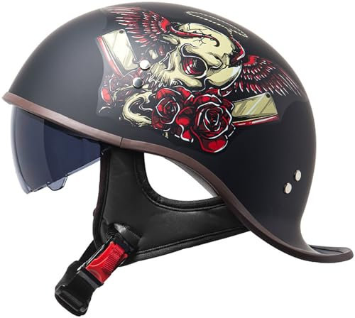 Retrò Adulto Caschi Moto Casco Scodella Portatile, DOT/ECE Omologato Mezzo Elmetto Da Moto, Caschi Jet Con Visiera Parasole, Donna E Uomo Moto Mezzo Casco Per Cruiser Scooter 3,L=59-60CM