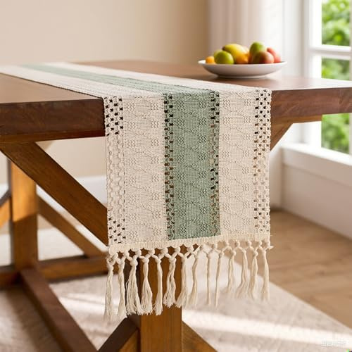 Tischläufer Grün, Salbeigrün Modern Boho Deko Tischdecke, Käsetuch Tischläufer, Häkelspitze Tisch Läufer Vintage Tassel Tischlaufer für Urlaub Party Hochzeit Geburtstag Küche Tischdeko, 30x140cm