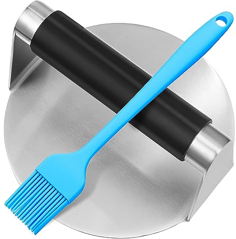 POPETPOP Presse à Hamburger Ronde Acier Inoxydable Poignée Silicone Noir, Presse à Viande Manuelle pour Barbecue Cuisine, avec Pinceau à Badigeonner en Silicone (Couleur Aléatoire