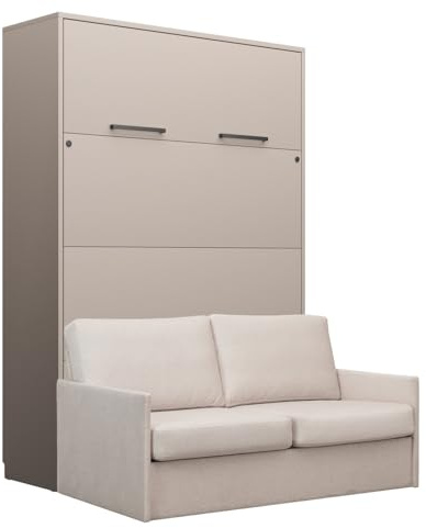 QMM Schrankbett Wandbett vertikal GN 140x200 Congo mit LED und Sofa (Beige - Emma 03)
